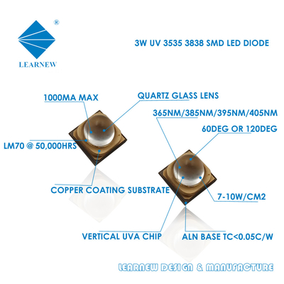 365nm 385nm 395nm 60 องศา Uva 3w Led Chips สำหรับการบ่ม Uv