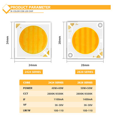 ชิป LED COB 2424 COB CRI สูงสองสี 30W/40W/50W/80W 2-in-1 แสงขาวอบอุ่นและแสงขาวเย็น