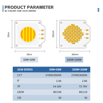 Customized ODM OEM High Power Bi-color COB LED Chip 50W+50W 200W+200W for Film Light with 2700K-6000K Color Temperature