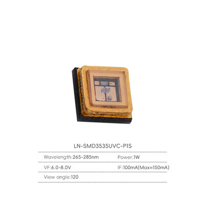 หลอด LED UVC 1W 3535 สำหรับการฆ่าเชื้อโรคด้วยแสงอัลตราไวโอเลตแบบลึก การทำให้แข็ง การฆ่าเชื้อในตู้ สีเปล่ง ความยาวคลื่น 250-280nm