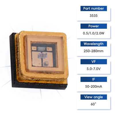 UV UVC 3535 แพคเกจ 265nm SMD ความสามารถสูง SMD 100mA 150mA UVC LED Diode 1W 255nm 275nm การทําความสะอาดน้ําอากาศ